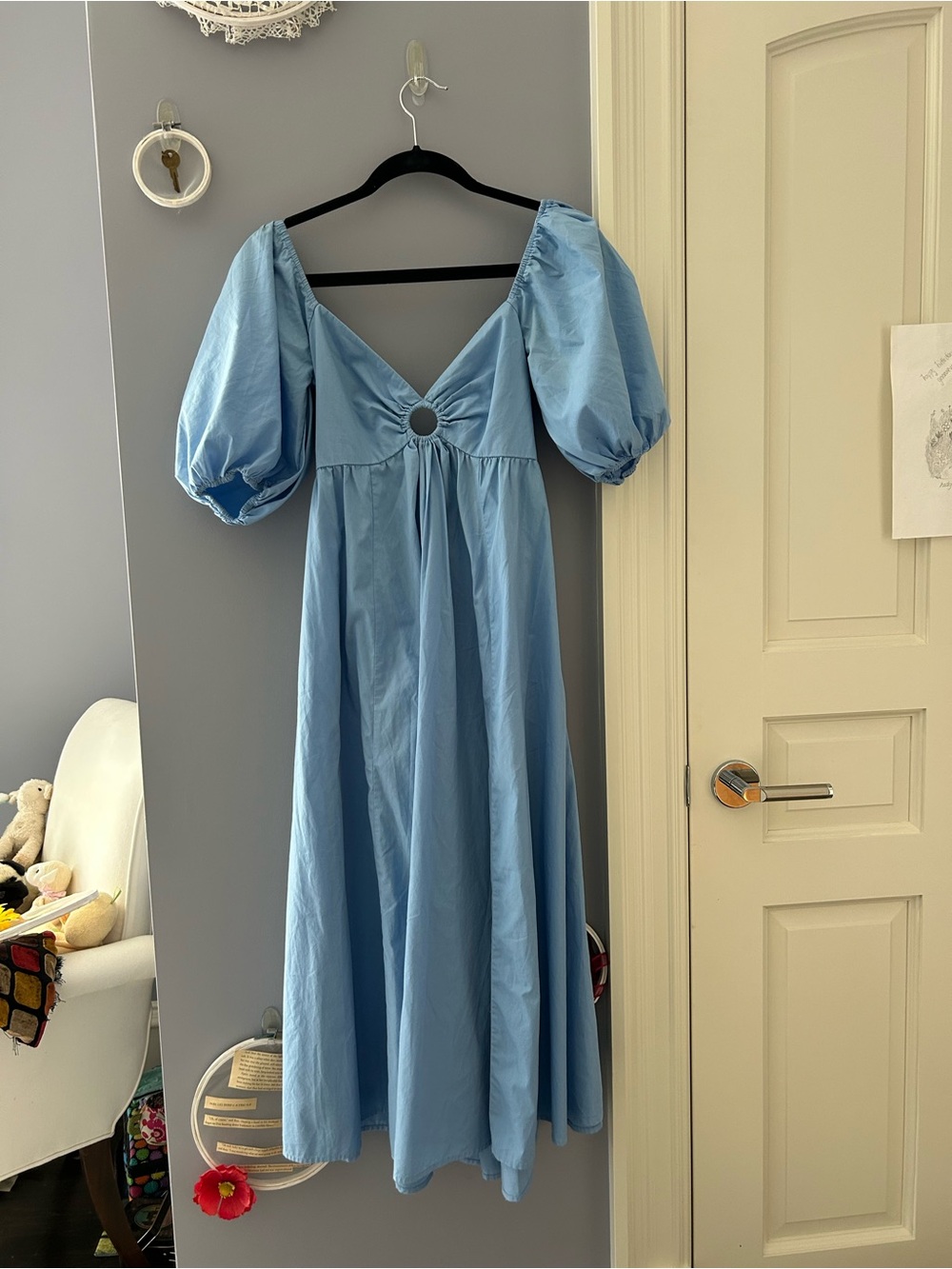 Abercrombie Light Blue Midi Puff Sleeve Dress with tie back.